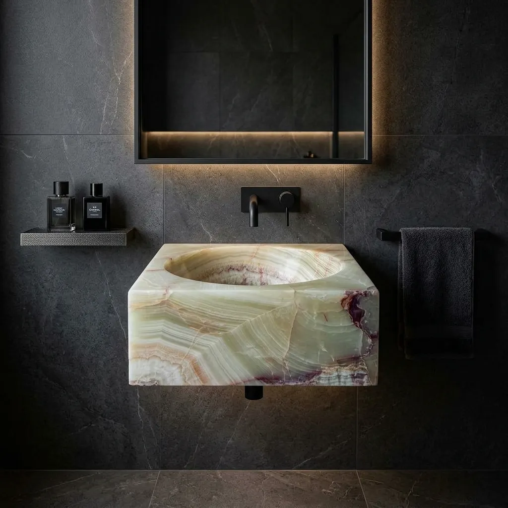 Lavabo cuadrado de piedra natural en ónix verde claro instalado de forma flotante en un baño de diseño contemporáneo
