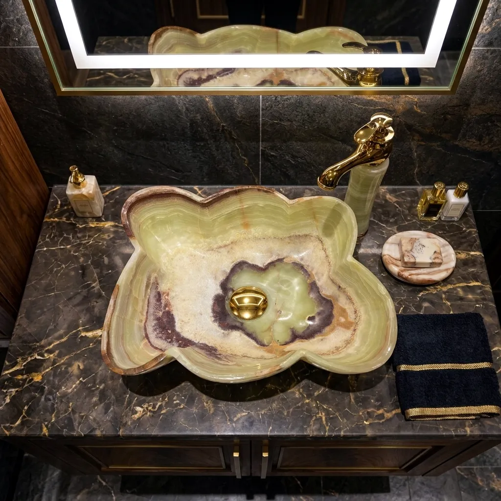 Petite vasque à poser en onyx vert clair installée sur un meuble de salle de bain en bois dans un espace contemporain