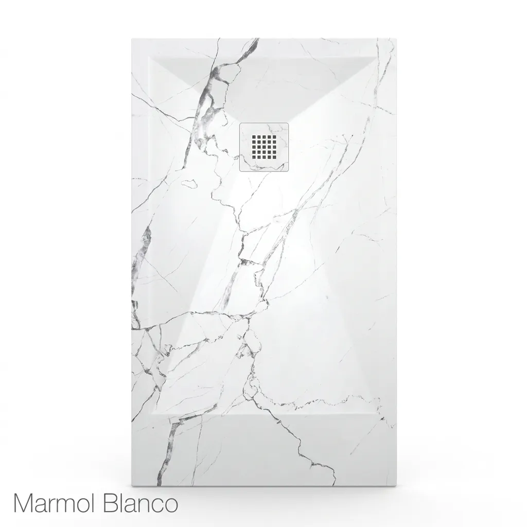 Plato para ducha extraplano colocado en un baño de estilo contemporáneo, con instalación a ras de suelo y acabado inspirado en el mármol blanco.